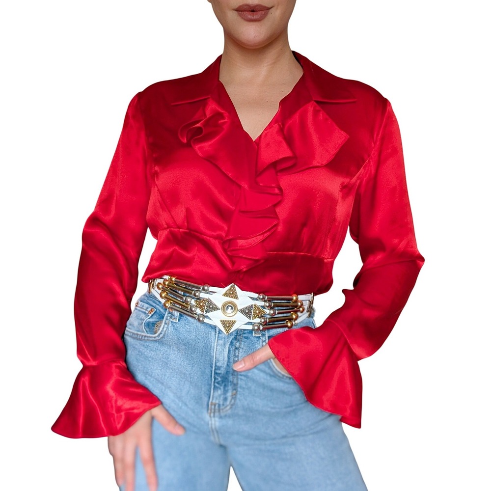 Anne Klein Vampy Boho Dark Romantic Red Ruffle 100% Silk Ruffle Blouse